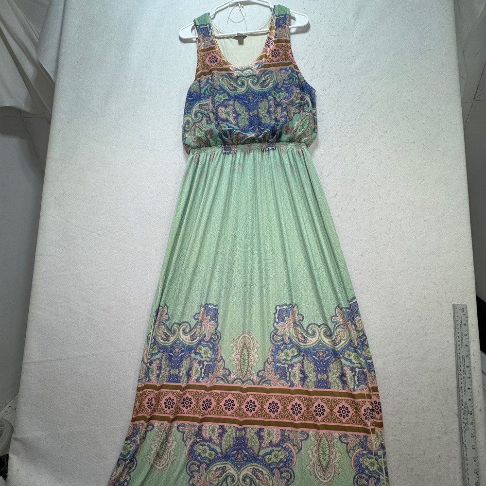 Boston Proper Maxi Dress Womens L Green Paisley Sleeveless Boho Beach Resort